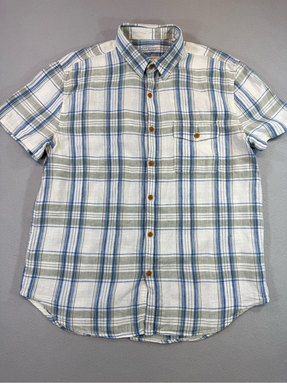 Men's Blue & Grey Plaid 100% Linen Short Sleeve Button-Up Shirt